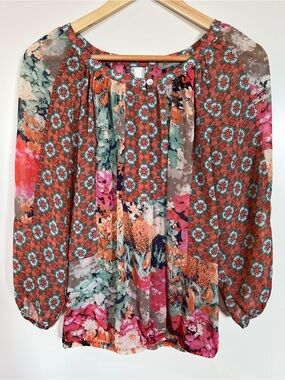 Figueroa & Flower Mixed Print Boho Patchwork Blouse Sheer Medium